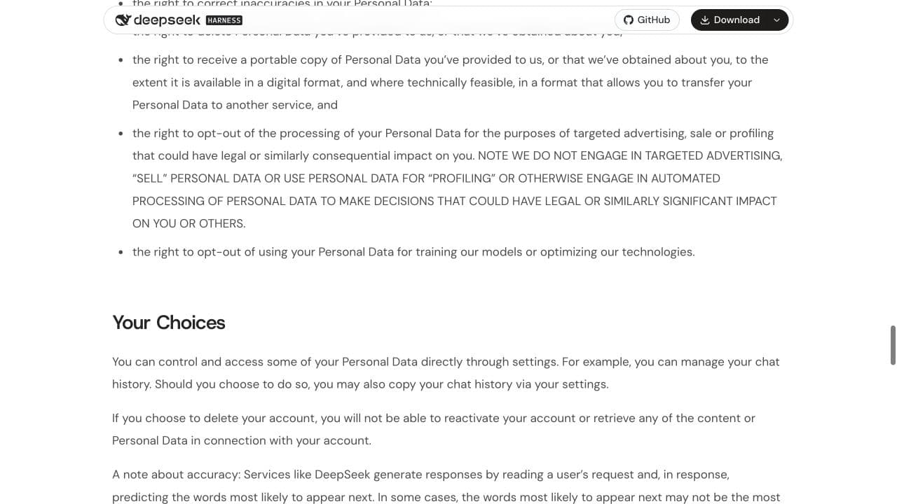 DeepSeek privacy policy: those rights include opting out of your personal data being used to train its models.
