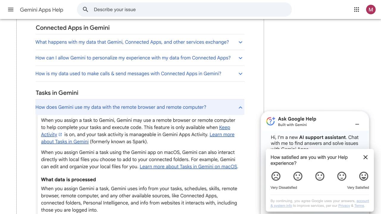 Google Gemini help page: when you give Gemini a task it may use a remote browser or computer, and this is only available when Keep Activity is on.