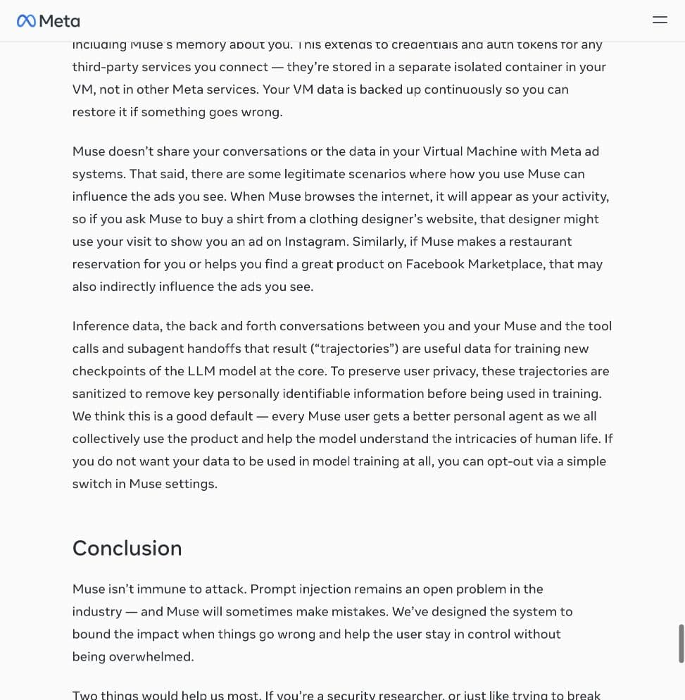 Meta Muse page: your conversations and agent activity are used to train new models by default, after removing key personal information, unless you opt out in settings.