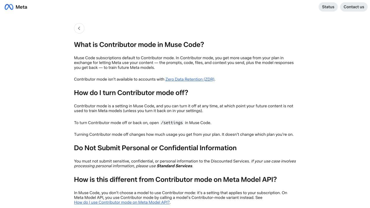 Meta Muse Code help page: subscriptions default to Contributor mode, which lets Meta use your prompts, code, files and responses to train future models until you turn it off.