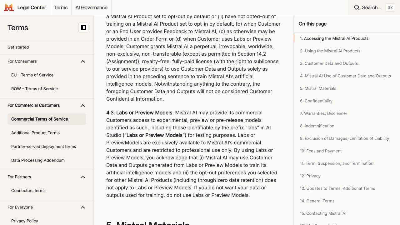 Mistral terms: Mistral may use data and outputs from Labs or Preview models for training, and opt-outs chosen for other Mistral products do not apply to them.