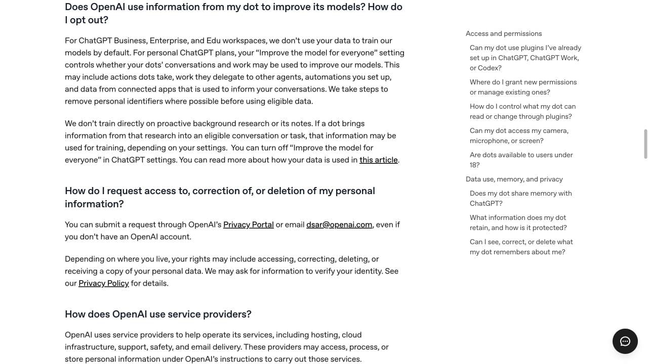 OpenAI help page: for personal ChatGPT plans, the “Improve the model for everyone” setting decides whether agent conversations, actions and connected-app data may be used to train models.
