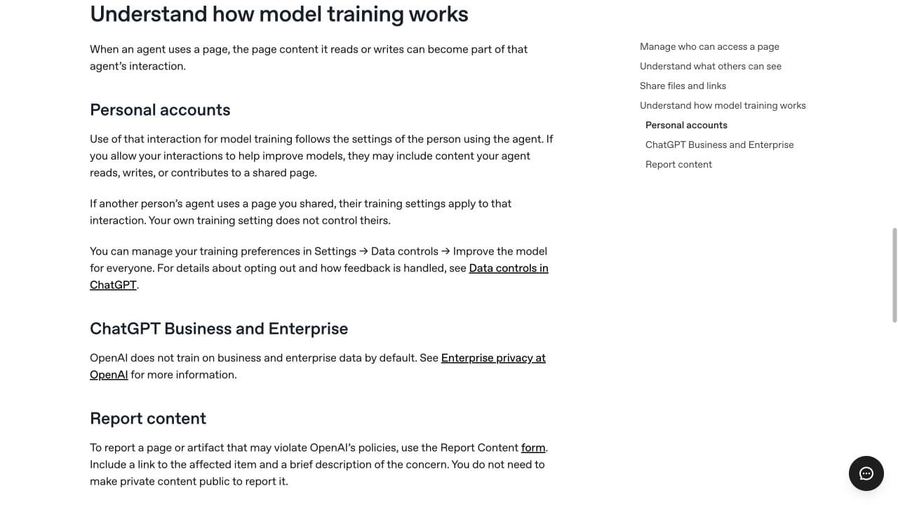 OpenAI help page: when another person's agent uses a page you shared, their training settings apply, and your own setting does not control theirs.